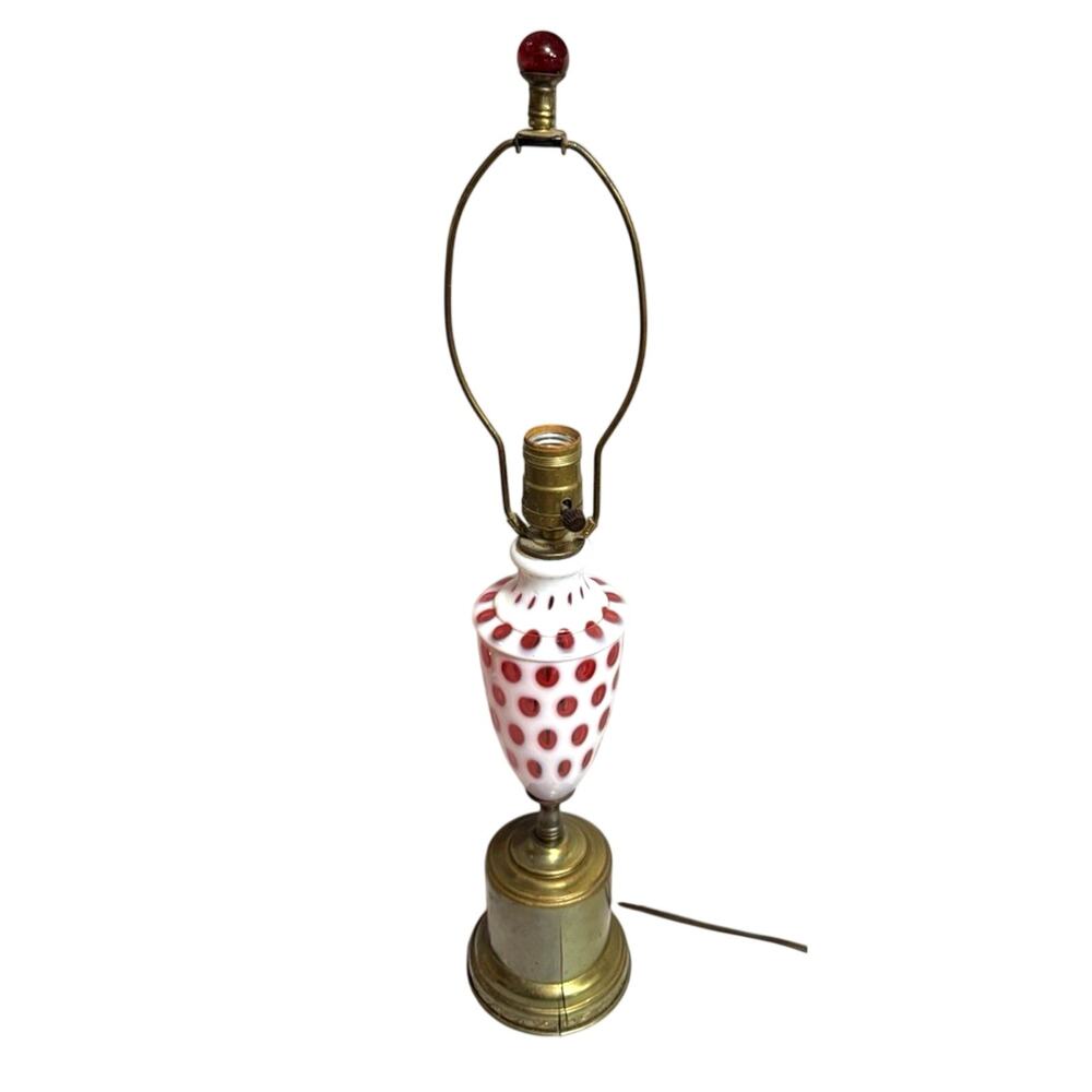 Vintage 1950s Fenton Cranberry Coin Dot Lamp 24” tall